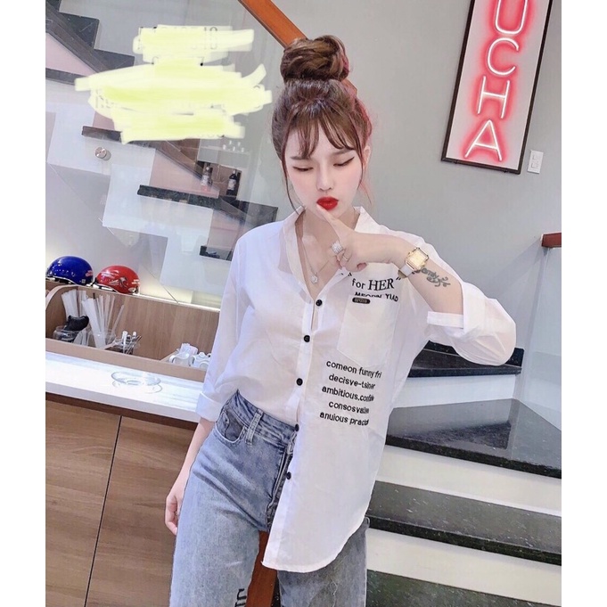 Áo sơ mi nữ phối in chữ kiểu tay dài