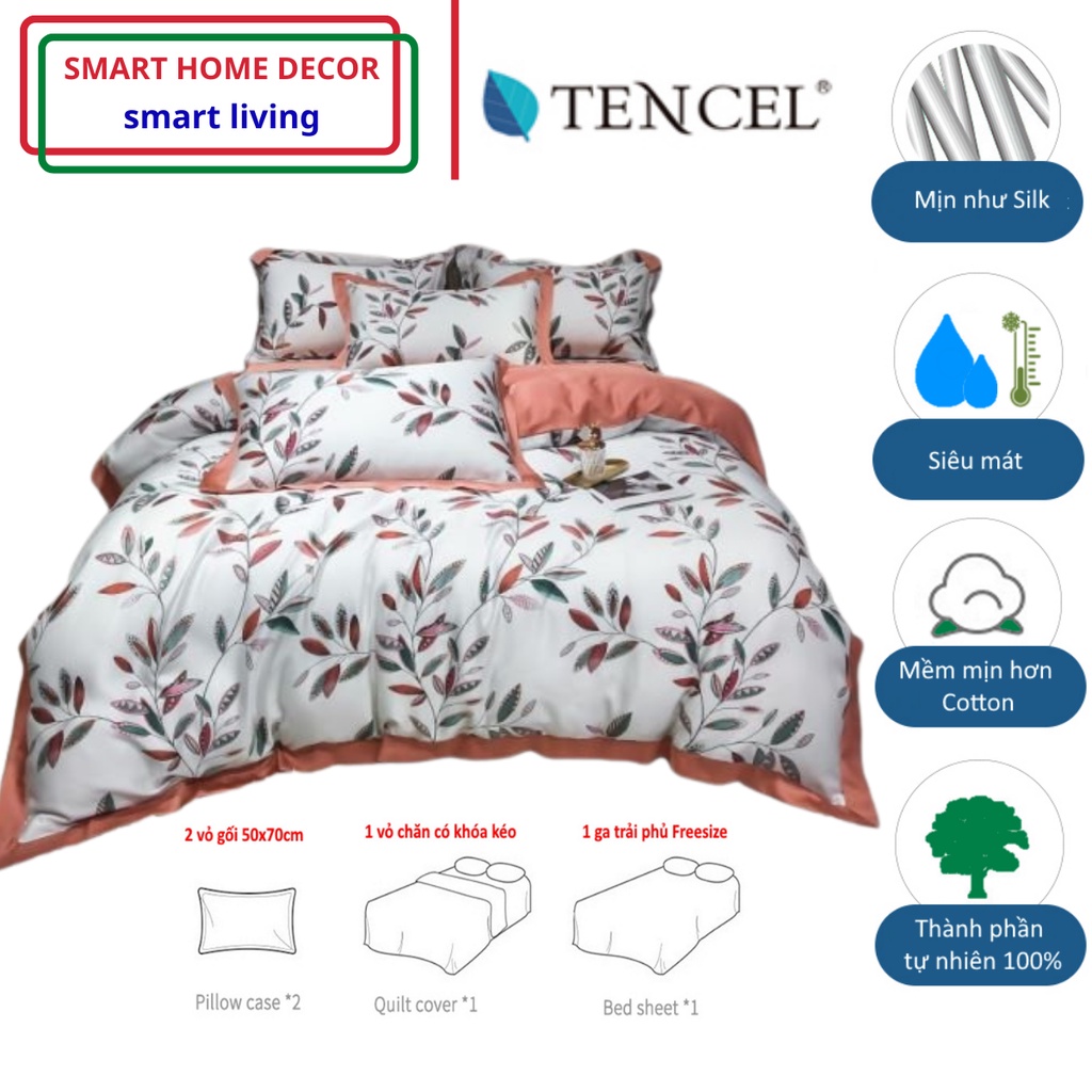 Bộ chăn ga gối lụa cao cấp 100%Tencel 100s, Họa tiết hoa Incha tone màu cam cháy độc lạ, siêu mát mịn