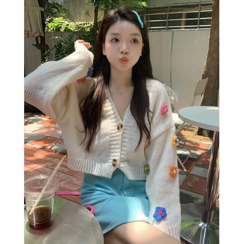 Áo Sweater Dài Tay Họa Tiết Hoa Ngọt Ngào Thời Trang 206345 Áo Khoác Dệt Kim Dáng Ngắn Phong Cách Hàn Quốc