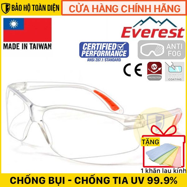 [ TẶNG KHĂN LAU KÍNH ] Kính bảo hộ Everest EV201 trắng trong suốt _ Chống bụi, chống trầy, chống UV