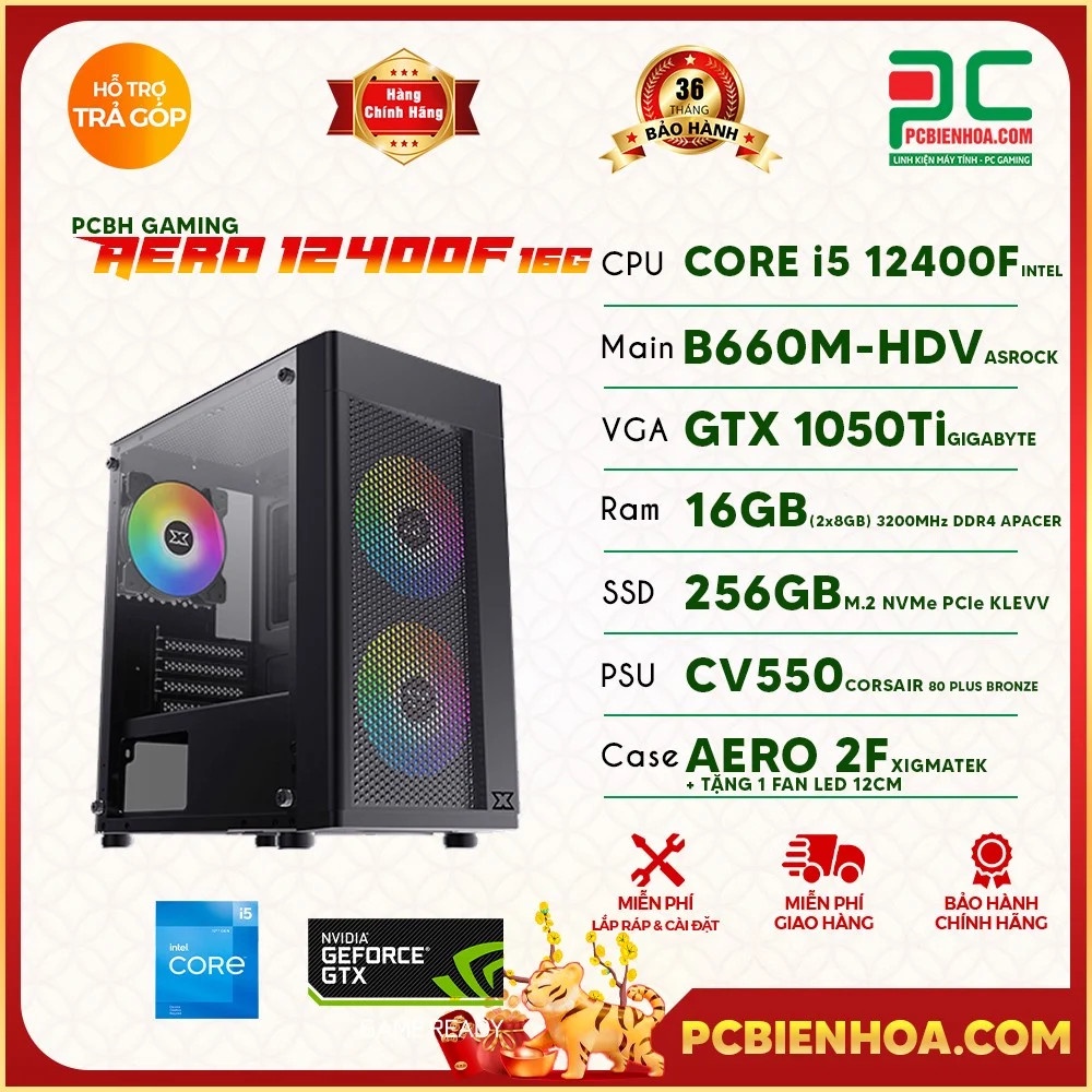 Thùng máy tính PCBH GAMING AERO 12400F 16G ( CORE I5 12400F / B660M / GTX1050TI / 16GB / 256GB ) mới bảo hành 36T