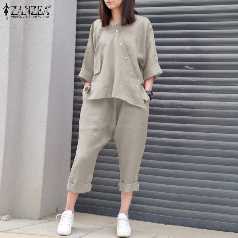 Set đồ 2 món Zanzea gồm áo thun cổ tròn tay lửng và quần lưng thun duyên dáng sành điệu cho nữ