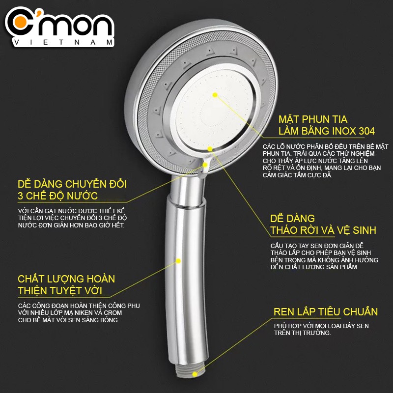 Bộ tay sen siêu tăng áp 400% với 3 chế độ nước C'MON TS-03 + dây sen + đế cài sen
