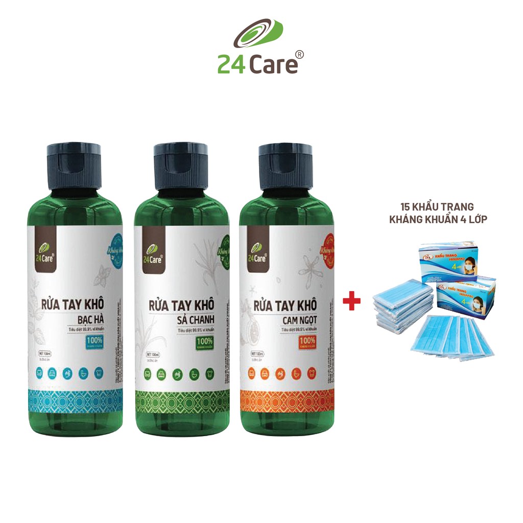 Bộ 3 Nước rửa tay khô tinh dầu Sả - Cam - Bạc Hà 24Care 100ML– diệt khuẩn 99,9%