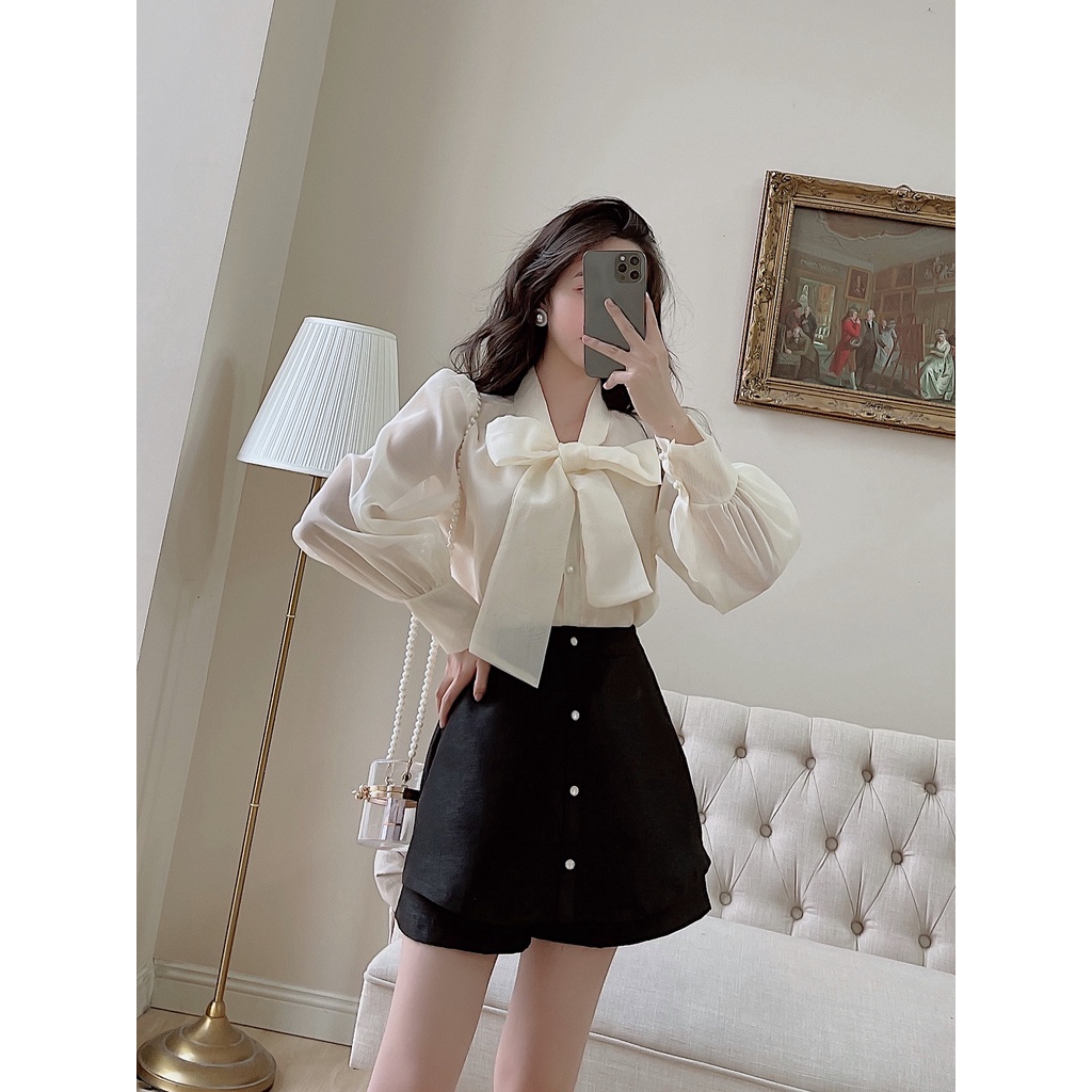 Áo sơ mi nữ buộc nơ cổ LYRA, chất tơ oganza đính cúc trai xinh xắn, tiểu thư-VSYAS0034