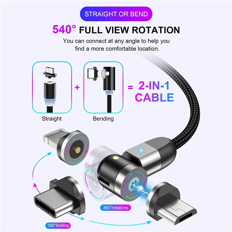 Greenport Dây cáp sạc từ tính Micro Usb Type C cho Iphone Samsung 2020 360+180