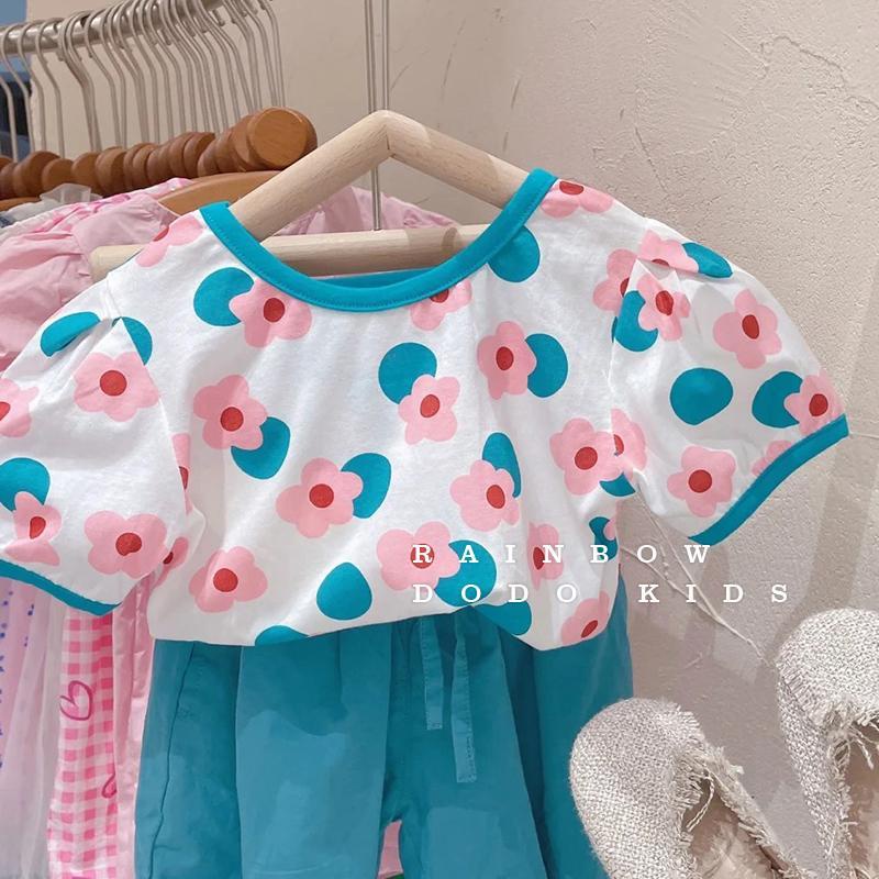 Bộ Áo Thun Cổ Tròn Tay Ngắn Dáng Rộng In Hình Hoa + Quần Short Màu Trơn Phong Cách Hàn Quốc Thời Trang Mùa Hè Hàng Mới Dành Cho Bé Gái 2023