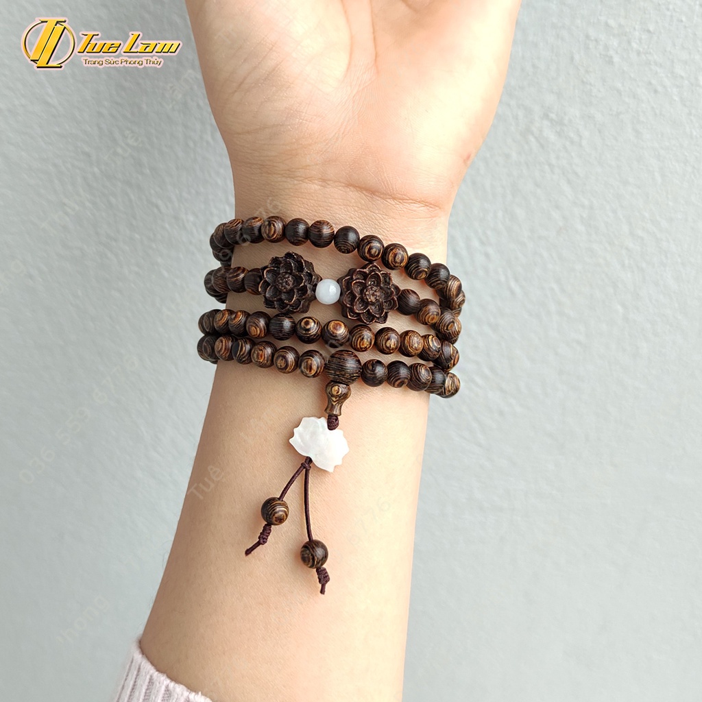 Vòng Tay Trầm Hương Sánh Chìm Chuỗi 108 Hạt Size 6 Li Mix Hoa Sen Bình An May Mắn - Tuệ Lâm