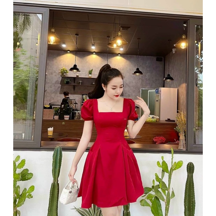 Đầm thời trang nữ mặc đi chơi chất for mềm có mút cổ vuông tay búp đi tiệc