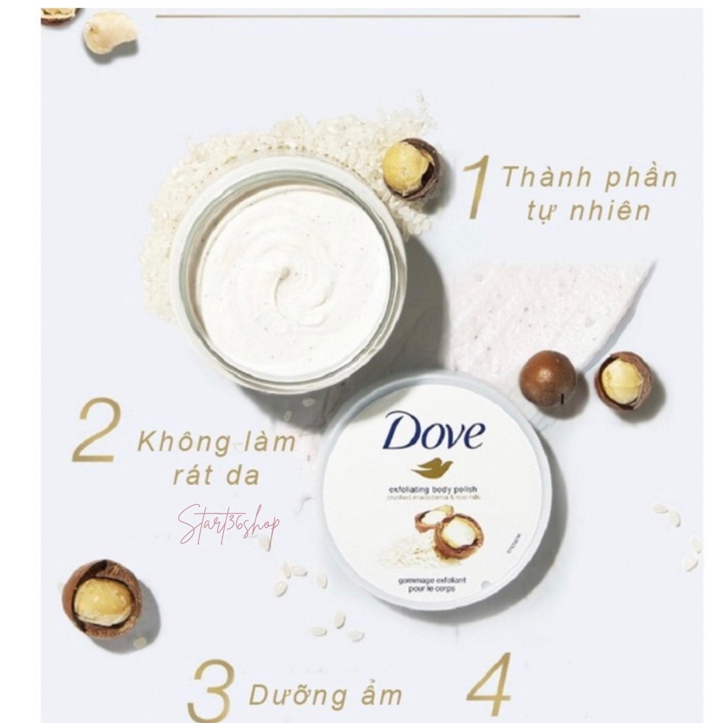 Tẩy tế bào chết body Start36 tẩy da chết Dove da body trắng sáng, mịn màng, giảm mụn, bản Đức 225ml