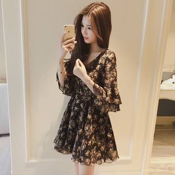 Đầm Chiffon Tay Loe Cổ Chữ V In Hoa Phong Cách Hàn Quốc Thời Trang Xuân Hè Hàng Mới Dành Cho Bạn Nữ