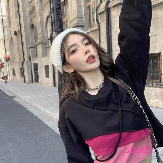 Áo Croptop Tay Dài Màu Sắc Khối Phong Cách Hàn Quốc Độc Đáo Thời Trang Mùa Thu Cho Nữ