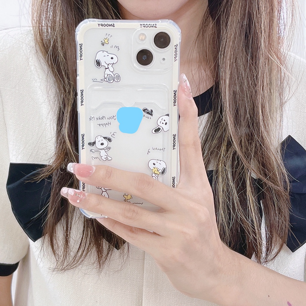Ốp Điện Thoại Họa Tiết Hoạt Hình Snoopy Kèm Ngăn Đựng Thẻ Chống Sốc Cho iPhone 14 / 13 / 12 / 11 / X / 8 / 7P