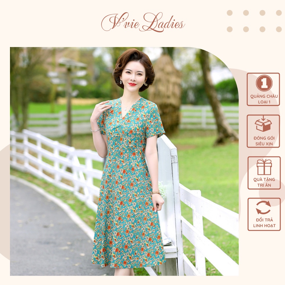 Đầm trung niên 3 màu xanh lá/vàng/xanh dương cổ chữ V họa tiết hoa 3 màu tặng mẹ V'vie Ladies