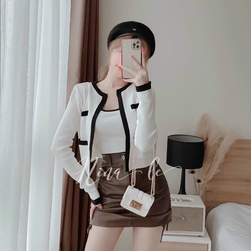 Áo len phối áo khoác viền + chân váy da rút mẫu chị Nina Lê ✨Shop Lotus✨
