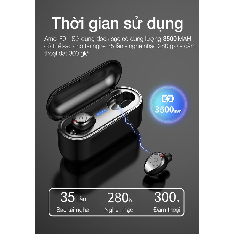 Tai nghe Bluetooth AMOI F9 TWS 5.0 bản QUỐC TẾ không dây cảm ứng chống ồn chống nước IPX5 - TuHaiStore