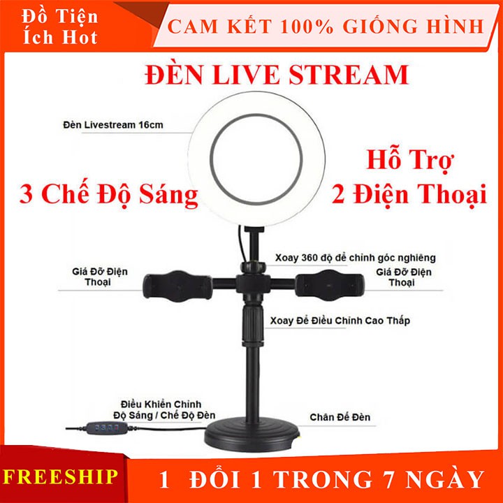 Giá Đỡ 2 Điện Thoại Livestream Có Đèn Led, Kẹp Điện Thoại Để Bàn Quay Video Tiktok Có Đèn Led 3 Màu