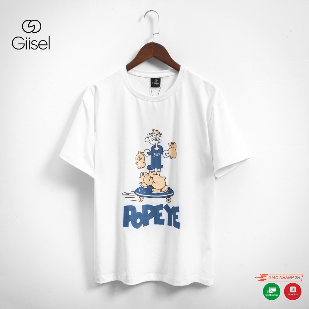 Áo phông nam - áo thun nam tay ngắn cotton co giãn in hình Popeye trắng đen