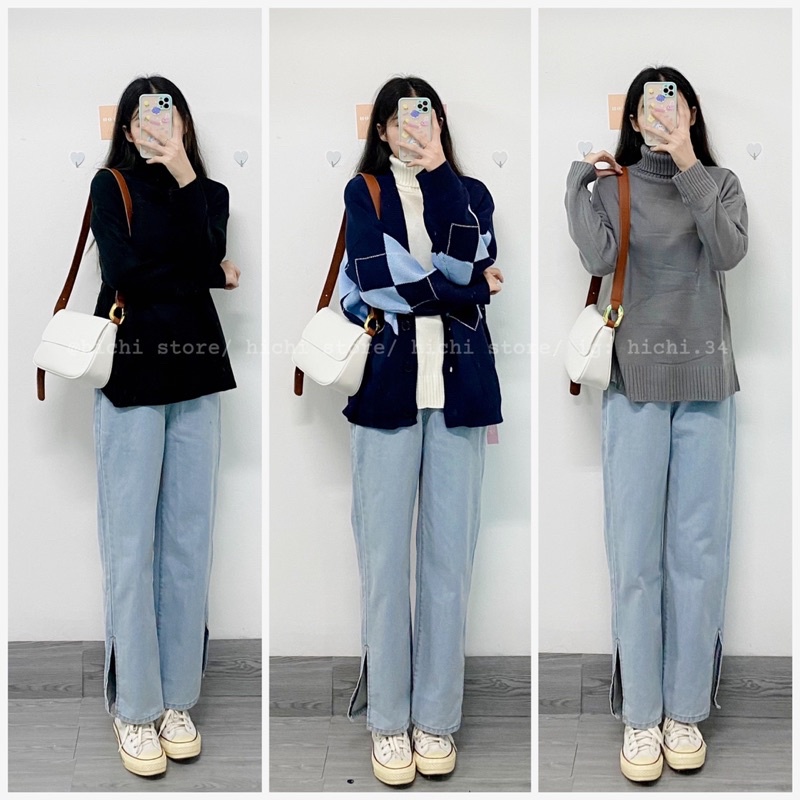 quần bò suông ống rộng kaki xẻ gấu hichi