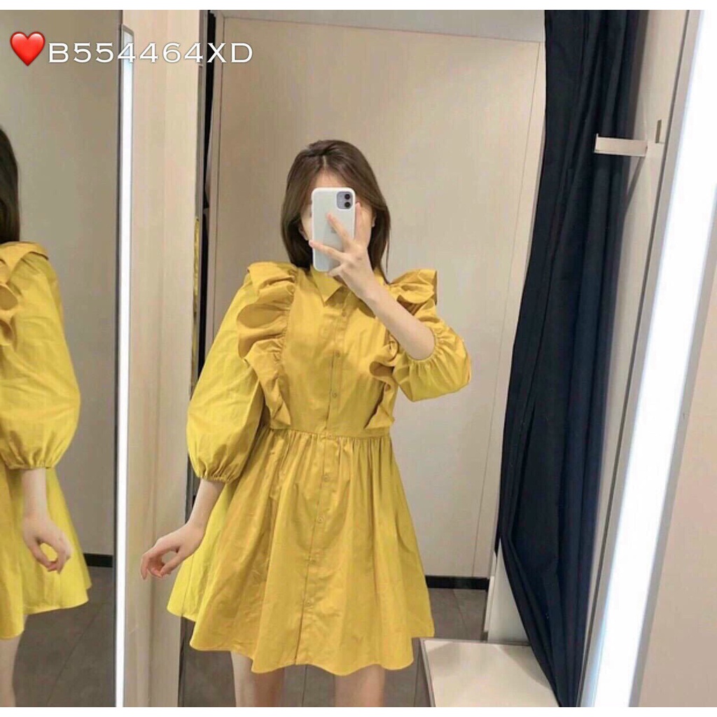 [ Miễn phí ship 2022 ] Đầm vàng babydoll cổ bèo, đầm xòe phối nút cổ sơ mi tay lỡ tiểu thư, đi chơi đi biển