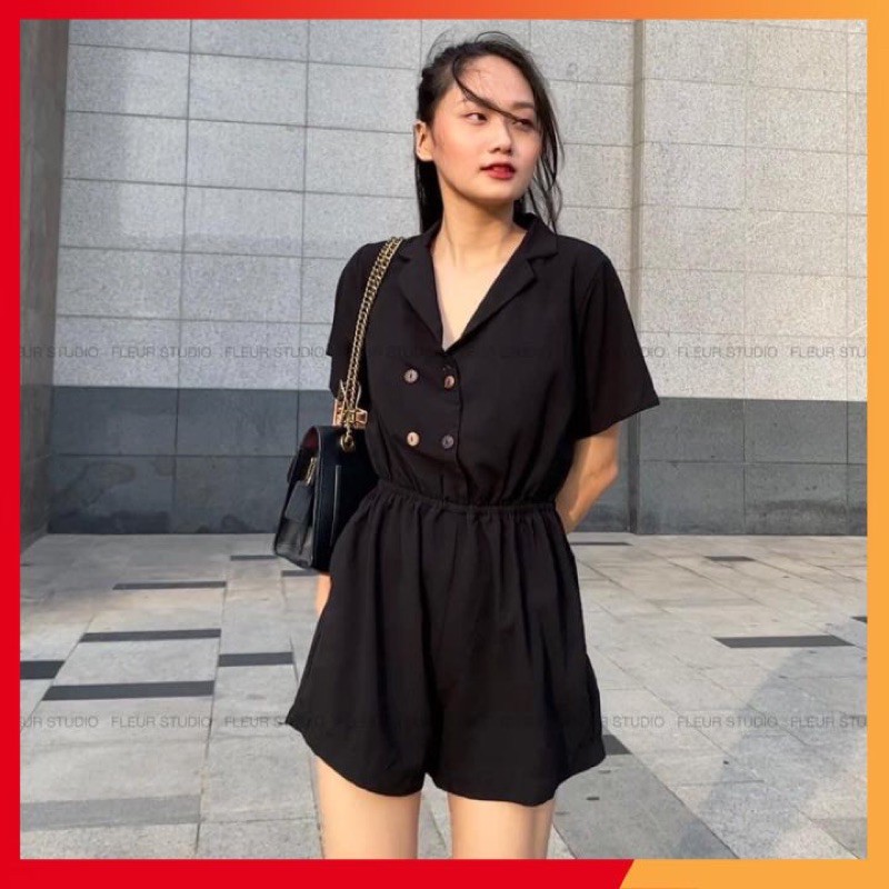 Jumpsuit đen ⚡𝗙𝗥𝗘𝗘 𝗦𝗛𝗜𝗣⚡ Jump nữ cổ sơ mi, có chun thắt eo phối cúc đính siêu đẹp, cam kết hàng y hình