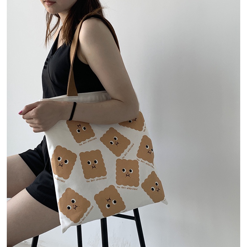 Túi tote vải canvas đeo vai họa tiết bánh quy dễ thương