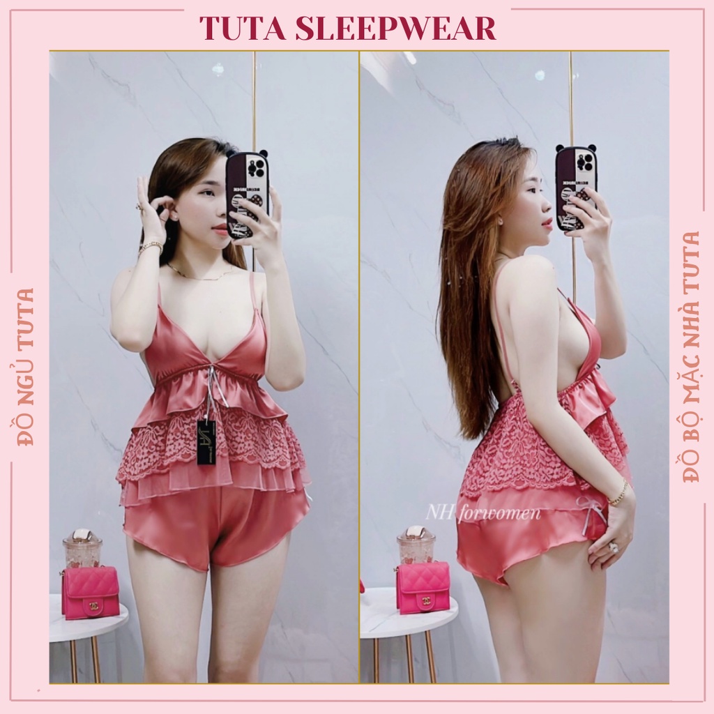 Đồ ngủ nữ sexy phối ren bộ lụa mặc nhà 2 dây quần đùi gợi cảm.