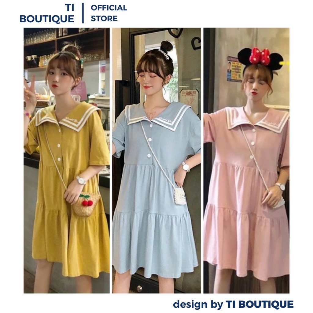 Đầm Nữ Xinh Cổ Thủy Thủ Phối Viền Trắng Đơn Giản, Babydoll Dáng Xòe 2 Tầng Tay Ngắn Năng Động