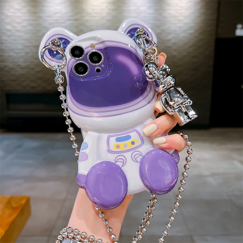 Ốp Điện Thoại In Hình Gấu 3D Kèm Dây Xích Đeo Chéo Cho iPhone 11 12 13 Pro max 14 Plus 13 Pro