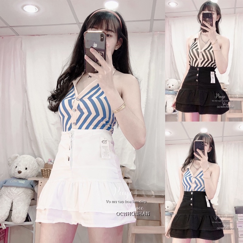 Set áo croptop viền sọc phối chân váy kaki nút
