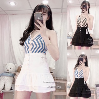 Set áo croptop viền sọc phối chân váy kaki nút