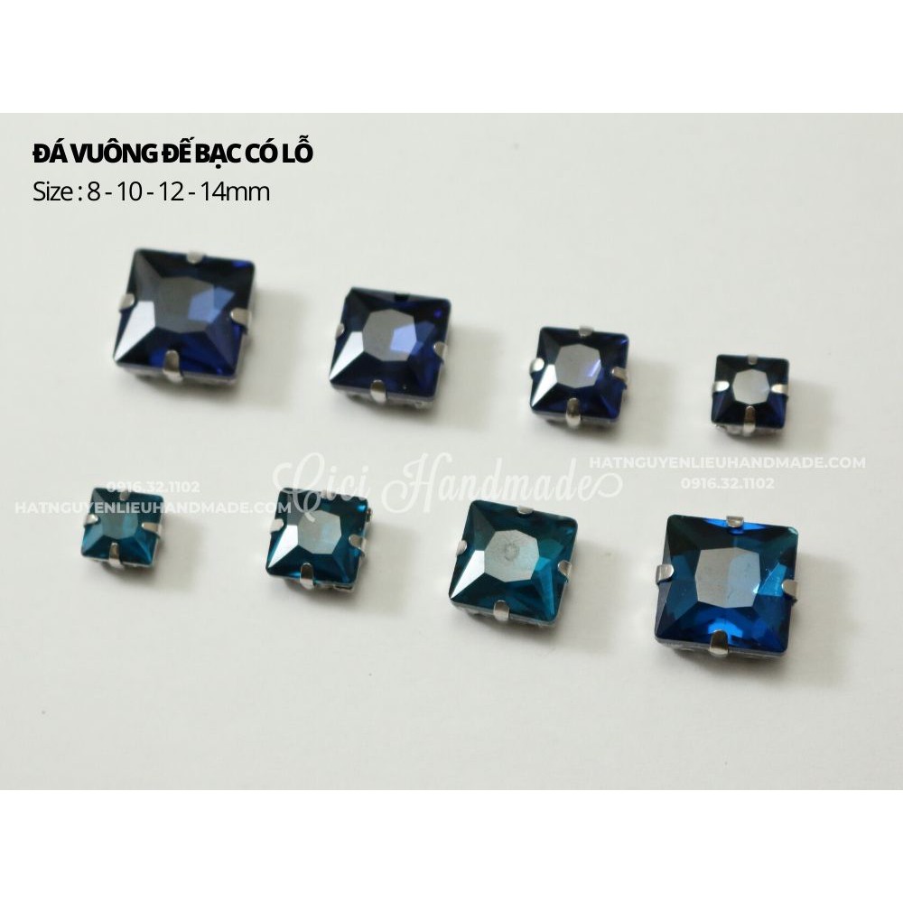 Set 10 hạt đá vuông đế bạc có lỗ khâu size 8mm và 10mm Cici Handmade chuyên pha lê cườm trang sức