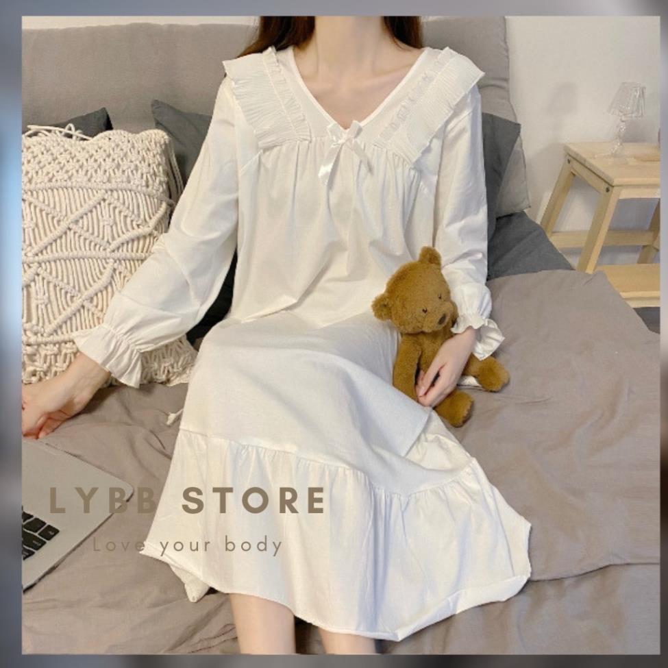 Váy đầm ngủ dài tay nữ dáng xuông cổ bèo xếp ly trắng kiểu Pháp, Đồ mặc nhà siêu xinh phong cách retro !