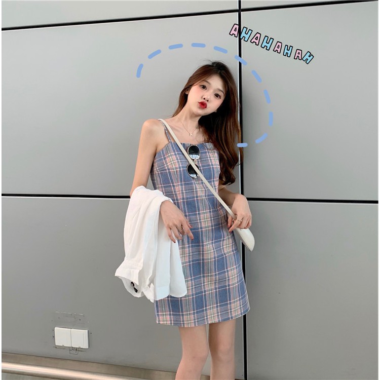 Đầm Búp Bê Tay Ngắn Họa Tiết Caro Phối Hoa Đáng Yêu Cho Nữ