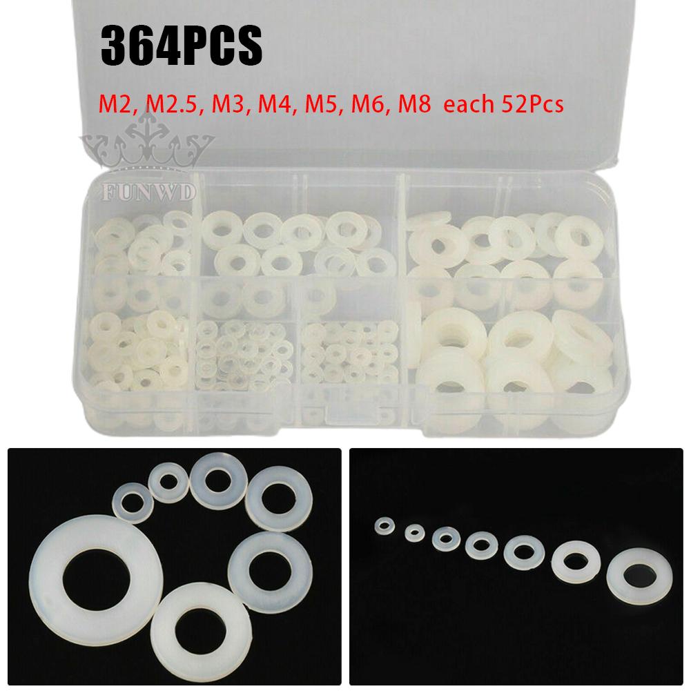 【FUNWD】364 PCS Nylon Rubber Flat Ring Washer Gaskets white M2 M2.5 M3 M4 M5 M6 M8
