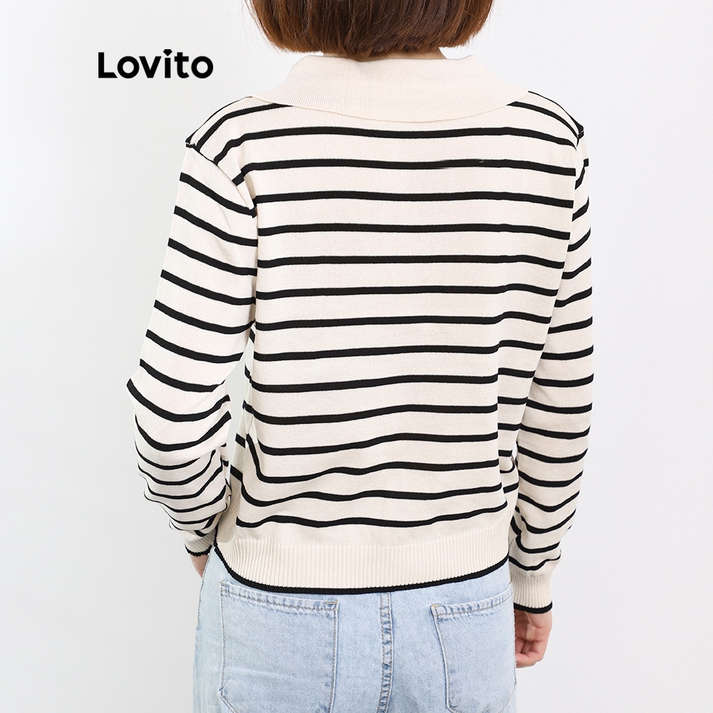  Áo Lovito tay dài cổ polo kiểu chữ V kẻ sọc phong cách Preppy L08215 (Màu be) | BigBuy360 - bigbuy360.vn