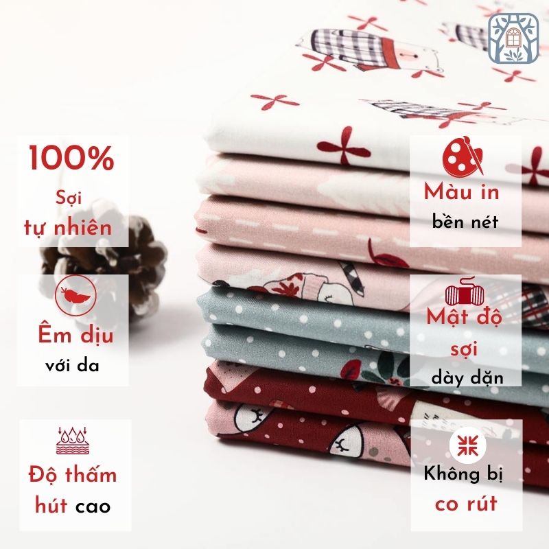 CS21-156 Vải cotton 100% tự nhiên🍒Chuanshui🍒khổ vải 145cm noel chấm bi- tuyết - vải đẹp handmade,quilt