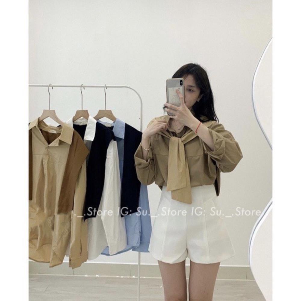 Áo sơ mi HQ kèm khăn liền áo, Áo kiểu cổ quàng khăn 4 màu phong cách đơn giản năng động Rosie Dream Shop