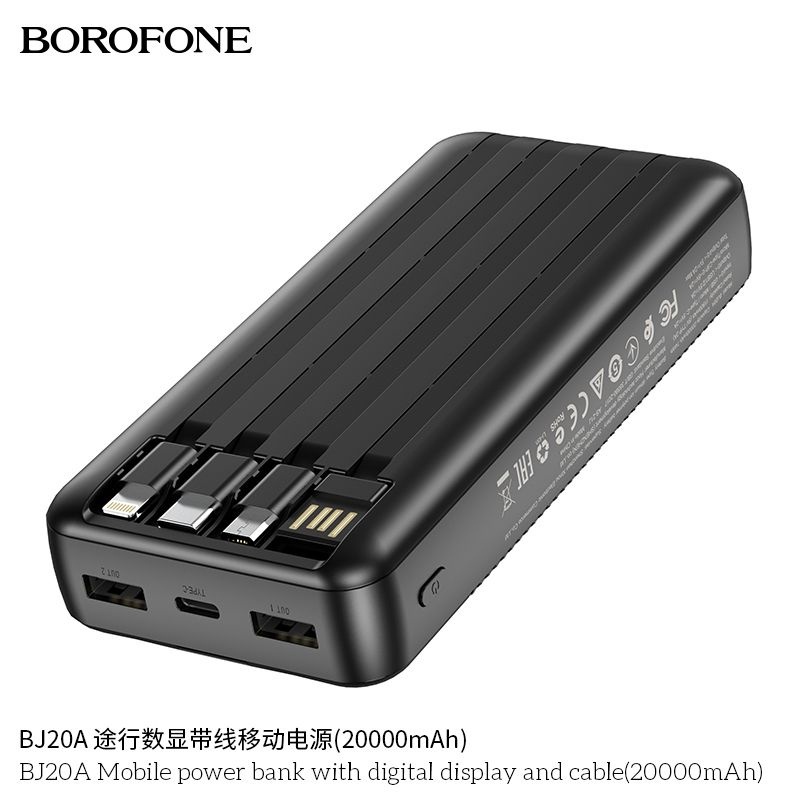 Sạc Dự Phòng Borofone BJ20A 20.000mAh - Tích Hợp Cáp Sạc Và Có Đèn Led Hiển Thị Phần Trăm Pin (BH 1 năm,Chính Hãng)