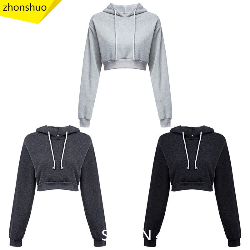 Áo hoodie croptop trơn màu xinh xắn dành cho nữ