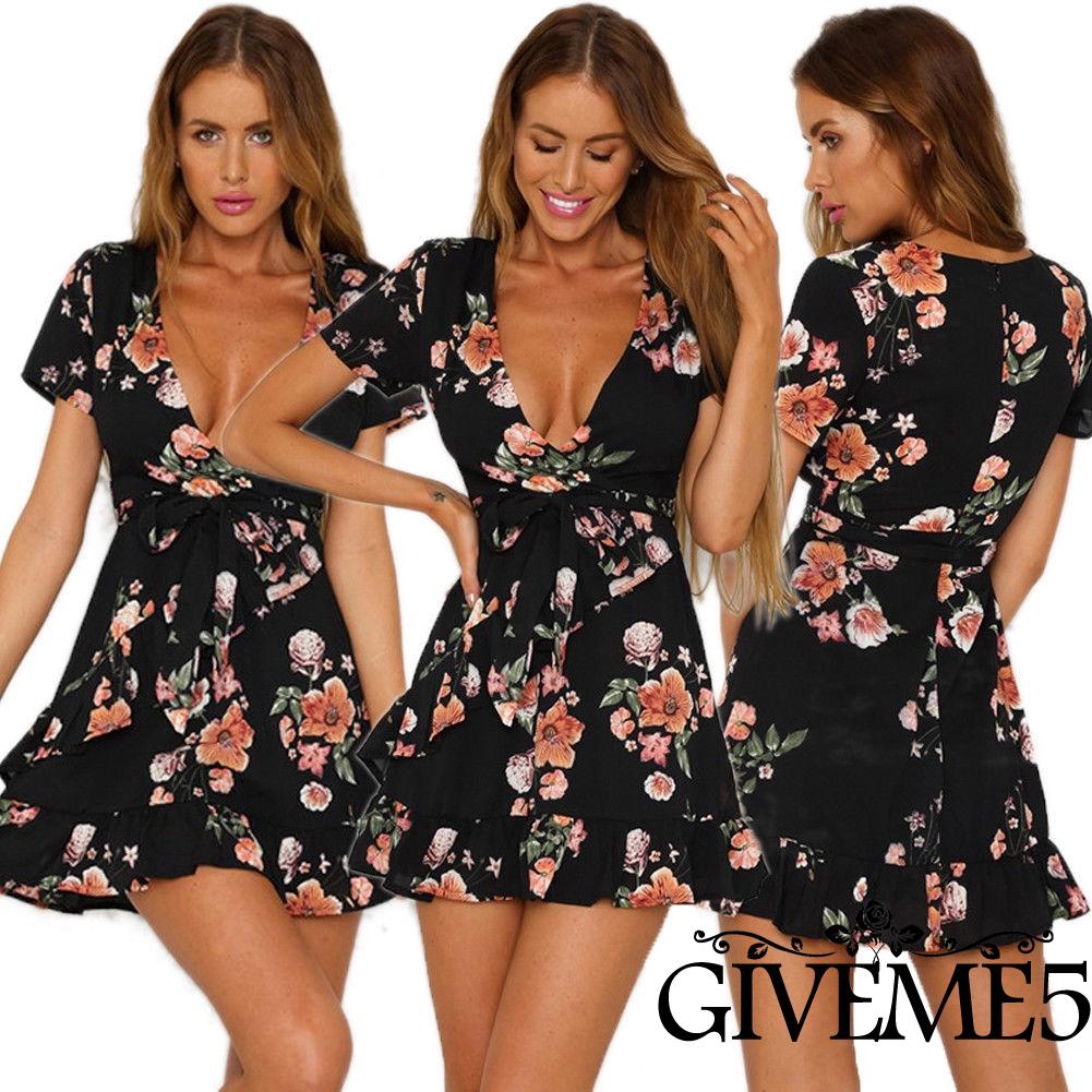 Đầm nữ tay ngắn họa tiết hoa phong cách boho thời trang quyến rũ