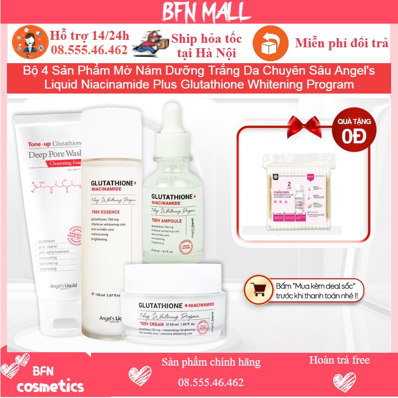 Bộ 4 Sản Phẩm Mờ Nám Dưỡng Trắng Da Chuyên Sâu Angel's Liquid Niacinamide Plus Glutathione Whitening Program