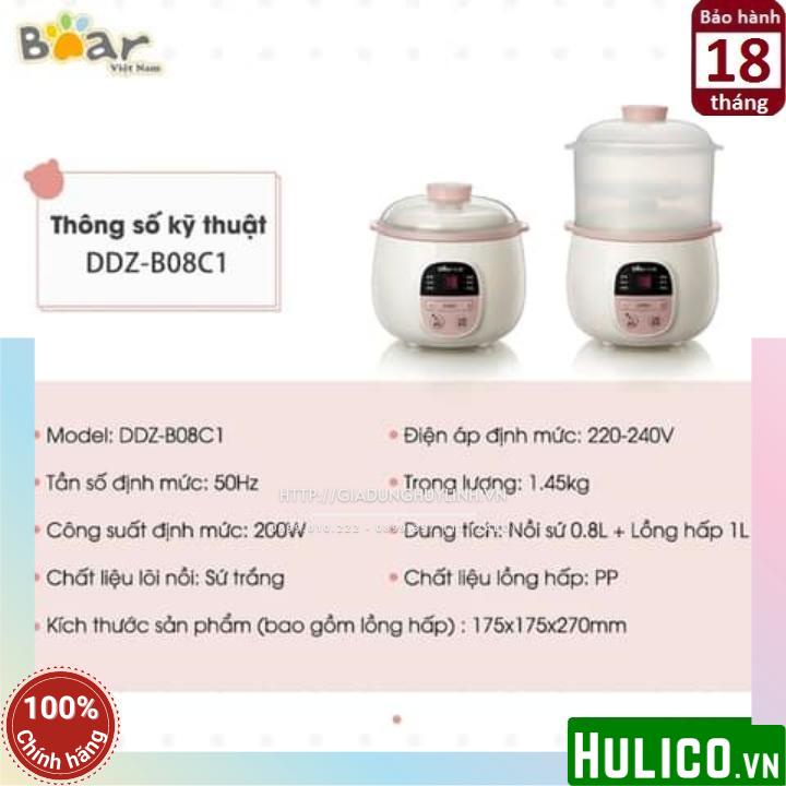 Nồi nấu chậm, chưng yến, nấu cách thuỷ Bear SUBE001 - Lõi sứ 0.8 lít - Kèm xửng hấp 1 lít