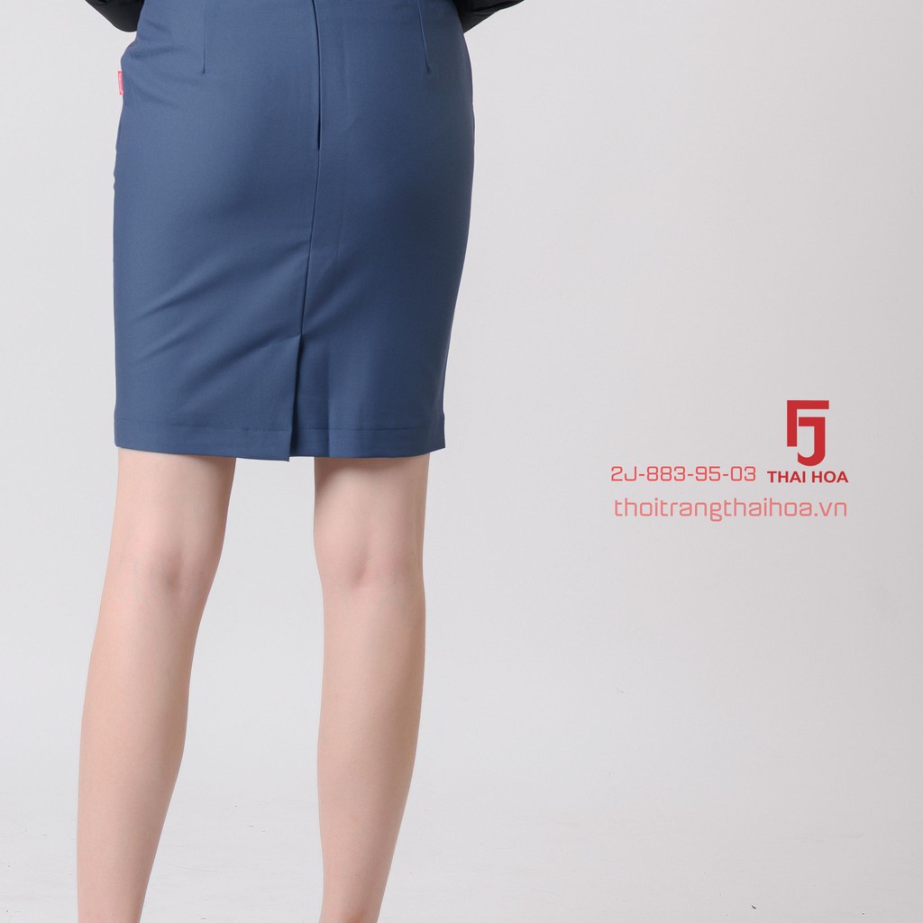 Chân váy dài  công sở nữ Thái Hòa, màu xanh, dáng ôm, vải nhẹ, độ bền màu cao 2J883-95-01