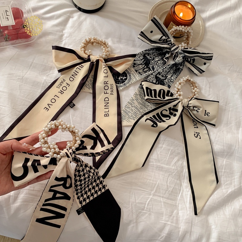 Dây buộc tóc kiểu khăn choàng cổ thắt nơ đính ngọc trai nhân tạo dễ thương cho nữ