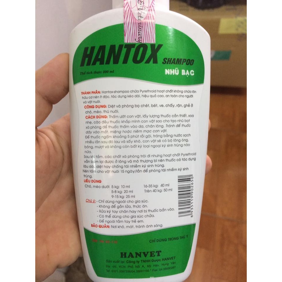 Sữa Tắm Trị Ve Rận Bọ Chét Chó Mèo Hantox Shampoo Xanh Nhũ Bạc dưỡng lông 200ml - ShopPetAz