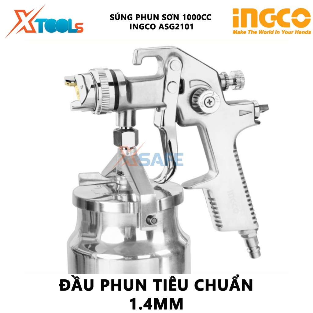 Súng phun sơn INGCO ASG2101 | máy phun sơn Đầu phun tiêu chuẩn 1.4mm, Dung tích bình sơn 1000cc phun sơn gỗ, sơn ô tô, n