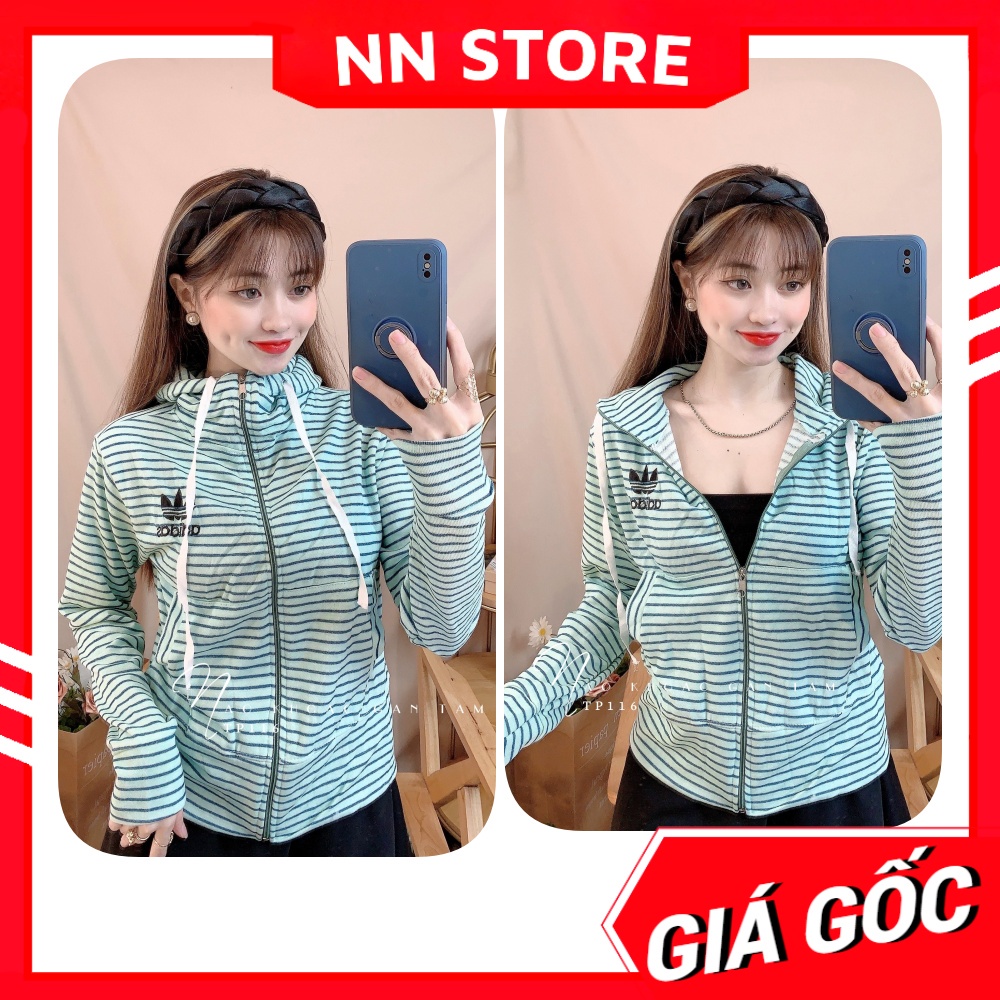 Áo khoác chống nanwsgs nữ có nón chất gân tăm mềm mịn co giãn lên phom ôm dáng thêu chữ phối sọc dễ thương TP116