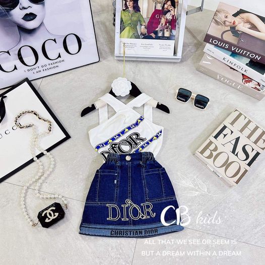 set dior áo cheo vay và chân váy rin ngắn cho bé 6-15kg