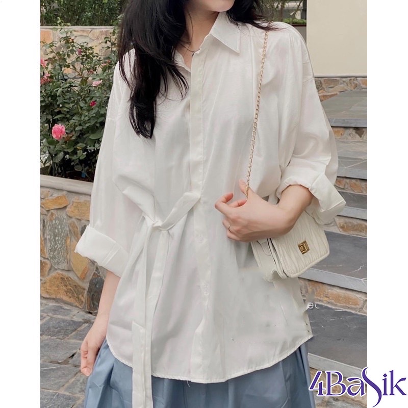Áo sơ mi nữ lụa hàn form rộng kiểu buộc nơ eo dài tay màu trắng xanh be trơn xu hướng hàn quốc vintage 2022 - SM12